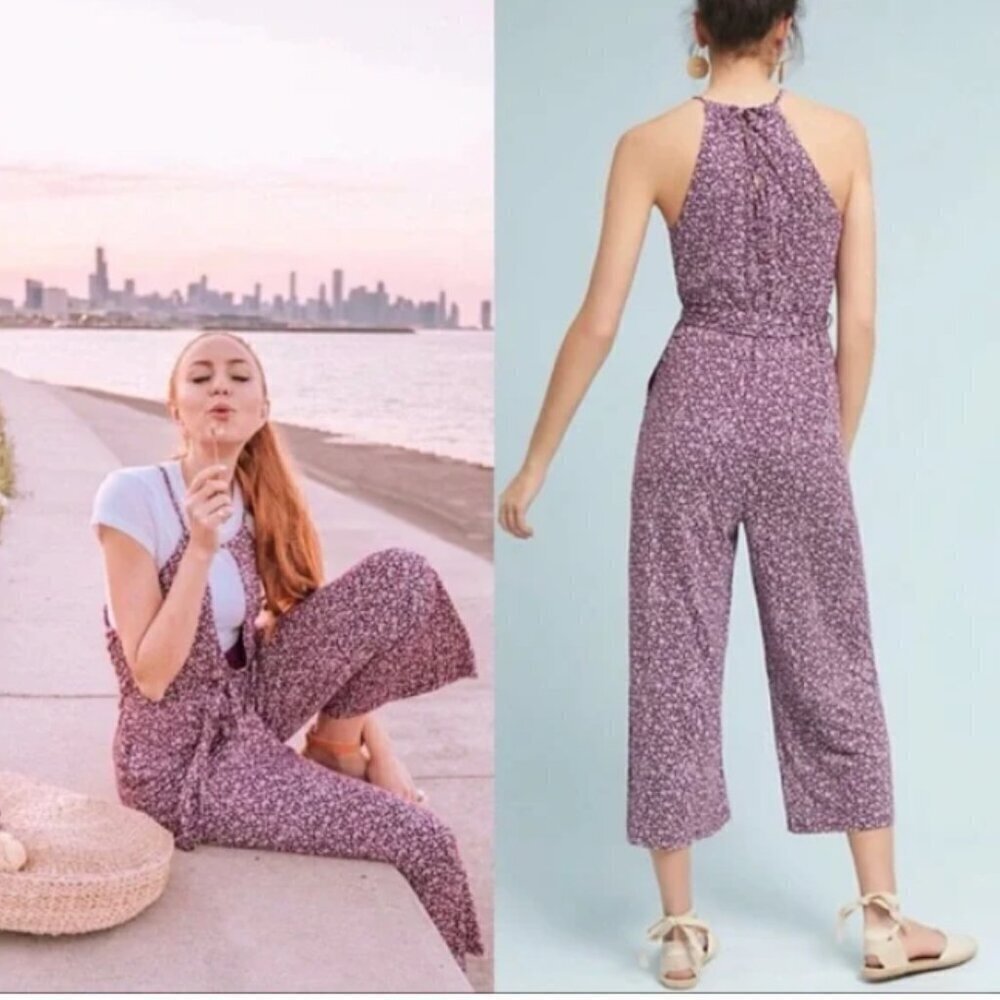 Maeve Anthropologie Claremont Halter Floral Women's Jumpsuit Wide Leg Medium